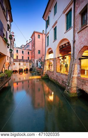Treviso, Italy. Cityscape Image Of Historical Center Of Treviso, Italy At Sunset.