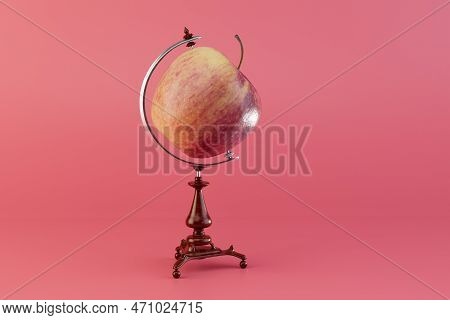 Globe Apple. Apple On A Globe Stand On A Redbackground. 3d Render.