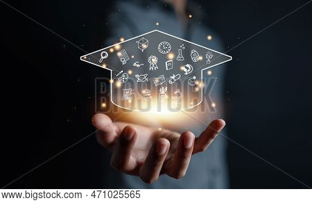Graduate Education Certificate Concept. Man Hands Showing Graduation Hat, Internet Online Education 