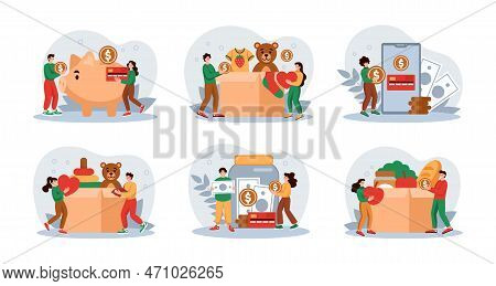 Charity Gifts. People Donate Online. Invest Money In Crowdfunding. Finance Savings. Food And Clothin