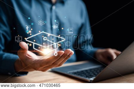 E-learning Online Class On Virtual Screen, Watching Video On Internet, Webinar Online, Education On 
