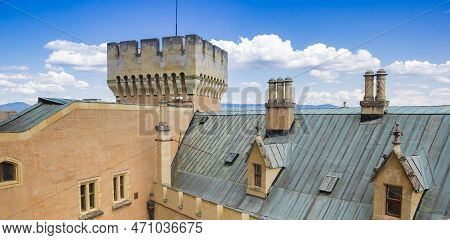 Bojnice, Slovakia - August 02, 2022: Panorama Of The Tower And Roof Of Castle Bojnice, Slovakia
