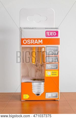 Pruszcz Gdanski, Poland - November 26, 2022: Osram Led Light Bulb With Warm White.