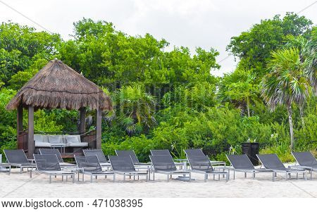Palms Parasols Sun Loungers Beach Resort Playa Del Carmen Mexico.