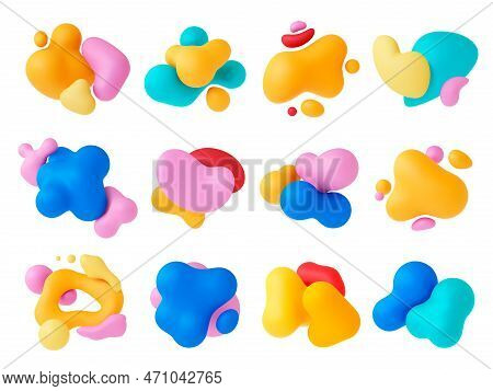 Abstract Multicolored Liquid 3d Shapes Render. Colourful 3d Plasticine Splash, Sphere Shapes And Blo