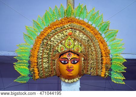 Beautiful Handmade Chhau Mask For Classical Dance Displayed In A Shop For Sale In Blurred Background