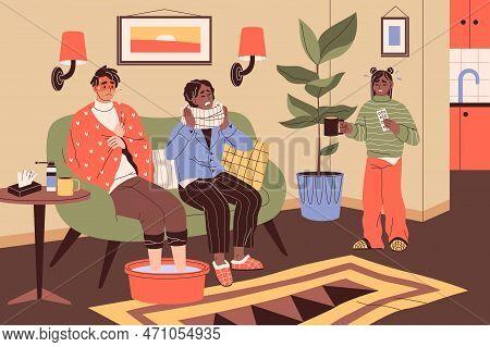 Ill Person. Family Has Cold, Parents, Child With Disease Symptoms, Seasonal Virus Influenza, People 
