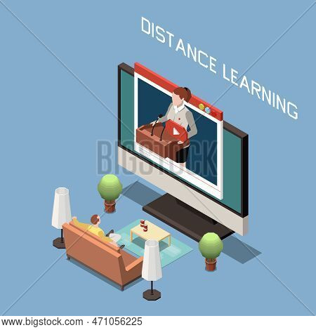 Distance Learning Isometric Design Concept  With Man Sitting On Couch And Lector On Computer Screen 
