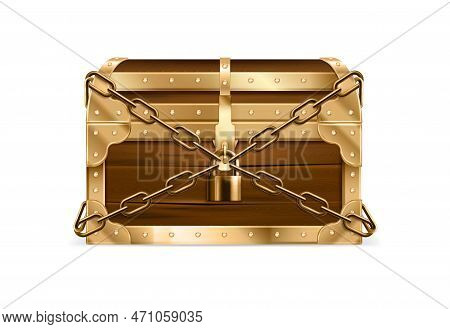 Closed Wooden Treasure Realistic Chest Secured With Chain And Padlock Vintage Vector Illustration