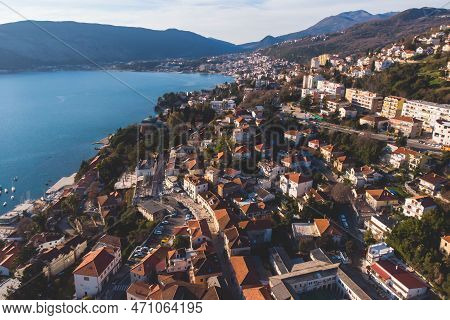 Herceg Novi Town And Kotor Bay, Aerial Drone View Of Herzeg Novi Panorama, Montenegro, With Old Town