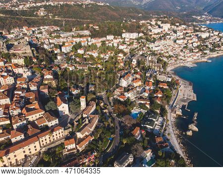 Herceg Novi Town And Kotor Bay, Aerial Drone View Of Herzeg Novi Panorama, Montenegro, With Old Town