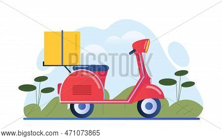 Logistic Transport Scooter Concept. Vehicle For Courier With Parcel Or Box. Express Delivery Of Food