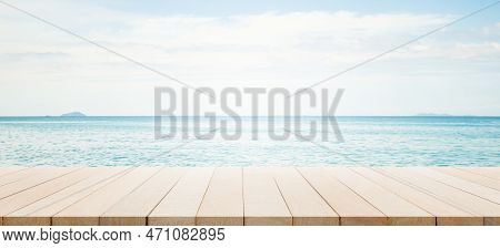 Summer Table On Sea Background,bar Counter Wooden On Ocean With Cloud Blue Sky On Sun Day,empty Desk