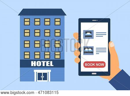 Man Make A Hotel Reservation Via Smartphone App In Flat Design. Hotel Booking Concept Vector Illustr