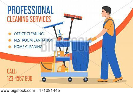 Professional Cleaning Service Vector Web Banner Template. Cleaning Service Worker Walking With A Car