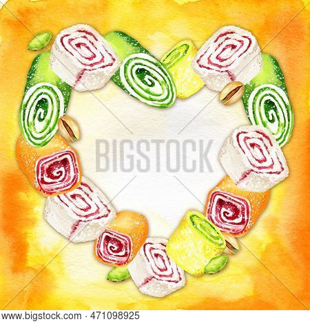 Watercolor Heart-shaped Frame Of Oriental Sweets, Multicolored Rahat Lukum On Watercolor Backgrond, 