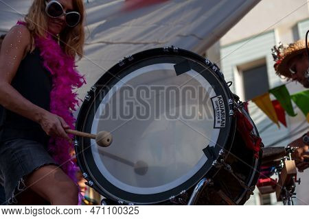 Saint-gilles Les Bains, La Réunion - June 25 2017: Drummer Playing With A Bass Drum With The Reunion