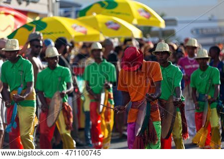Saint-gilles Les Bains, La Réunion - June 25 2017: Group Of Young Percussionist Parading During The 