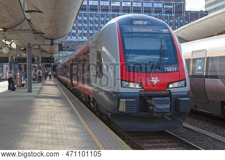 Oslo, Norway - June 26 2019: Stadler Flirt Train Operated By Nsb Railways At Oslo Central Station.
