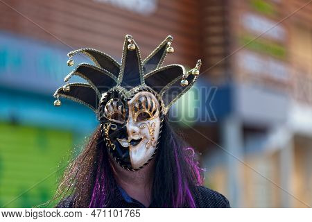 Saint-gilles Les Bains, La Réunion - June 25 2017: Party Goers Wearing A Mask During The Carnival Of