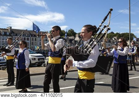 Landerneau, France - July 10 2022: Musicians From The Bagad Bro Landerne During The Kann An Loar Fes