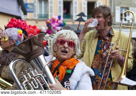 Douarnenez, France - February 27 2022: Les Gras De Douarnenez Is A Particularly Famous Carnival Acro