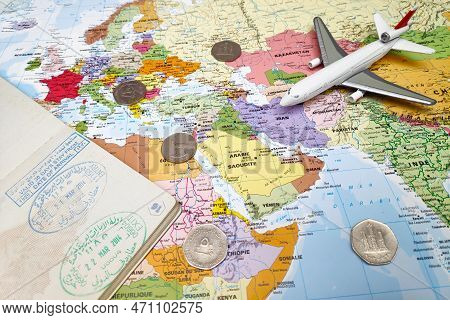 Dubai, Uae - February 19 2018: Composition Made Of A World Map Focused On Middle East With On It, So