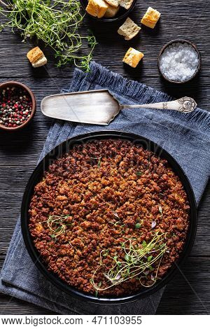 Sunday Brunch Strata Casserole With Ground Beef, Mushrooms, Cheese, Green Onion And Thyme In Baking 