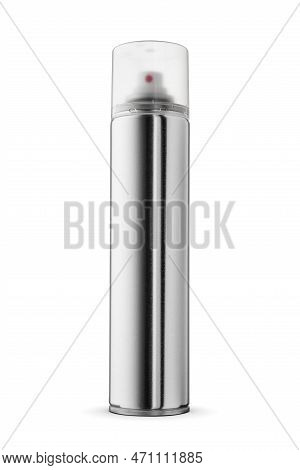 Blank Aluminum Spray Can Without Label Isolated On White Background. Metal Aerosol Spray Dispenser M