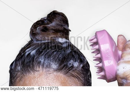 Woman Using Pink Scalp Massager Shampoo Brush With Silicone, Flexible Bristels