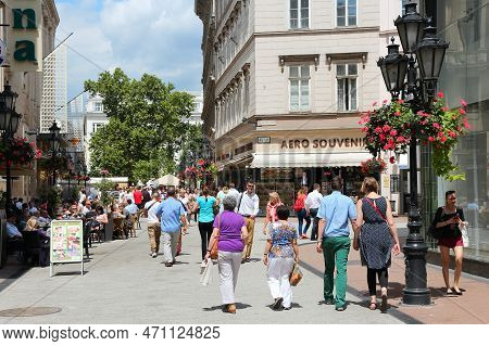 Budapest, Hungary - June 22, 2014: People Visit Vaci Street In Budapest. 3.3 Million People Live In 