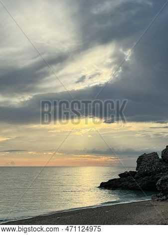 Scenic Sunset Over Ioninan Sea In Vlore Albania .