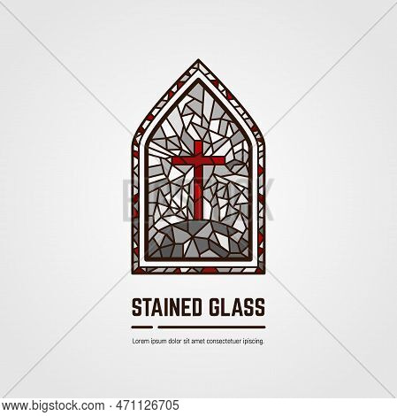 Monochrome Stained Glass Window. Logo, Emblem Or Icon With Text. Cross On The Hill. Thick Line Style