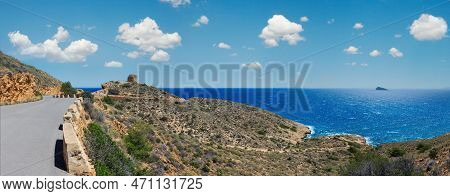 Summer Mediterranean Sea Coast Landscape And Watchtower Ruins Near Benidorm City (costa Blanca, Alic