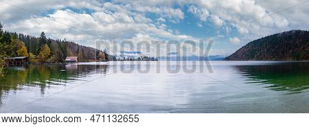Mountain Alpine Autumn Overcast Evening Lake Walchensee View, Kochel, Bavaria, Germany.  Picturesque
