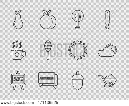 Set Line Chalkboard, Wheelbarrow With Dirt, Tree, Speech Bubble Text Autumn, Pear, Honey Dipper Stic