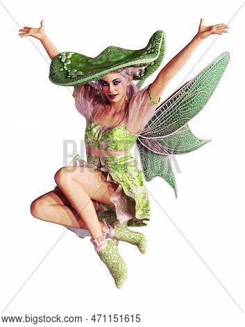 3d Computer Graphics Of A Cheerful Fairy With A Mushroom Hat As A Cut Out (not Ai Generated)