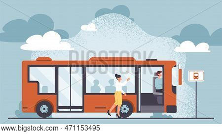 Bus Driver Concept. Man On Vehicle Stops In Front Of Passenger, Public City Transport. Traffic On Hi
