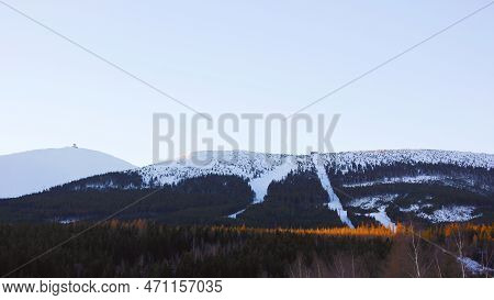 Panoramic Morning View To The Peaks Of Snezka And Kopa Mountains In The Krkonose Mountains (giant Mo