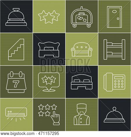 Set Line Covered With Tray Of Food, Telephone Handset, Hotel Room Bed, Luggage Cart, Bedroom, Stairs
