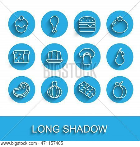 Set Line Steak Meat, Onion, Muffin, Cracker Biscuit, Plum Fruit, Jelly Cake, Pear And Mushroom Icon.