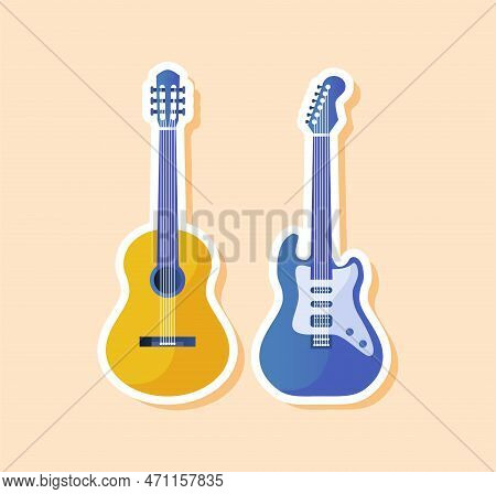 Musical Guitars Sticker. Electric And Acoustic Instrument. Inventory For Jazz And Rock Performace. S