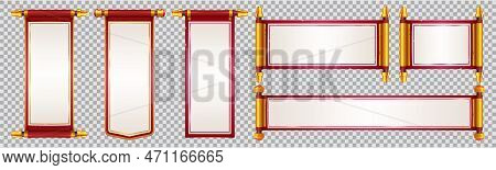Chinese Paper Scroll Vector Banner Set. Red And Gold Japanese Dialogue Frame For Interface Game. Bla