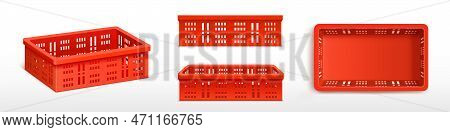 Vector Set With Red Empty Plastic Crate Front And Side View. 3d Vegetable Box For Grocery Delivery. 