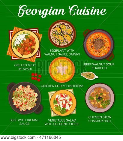 Georgian Cuisine Menu Page Design. Eggplant With Sauce Satsivi, Stew Chakhokhbili And Salad With Sul