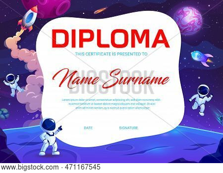 Kids Diploma Cartoon Astronauts On Moon Surface, Space Landscape. Educational School Or Playschool C