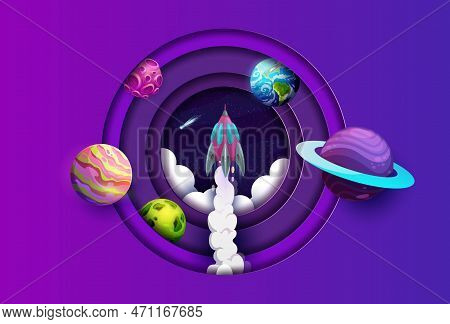 Space Paper Cut Rocket Launch And Galaxy Planets. Cartoon Vector 3d Round Double Exposition Frame Wi