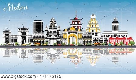 Medan Indonesia City Skyline With Color Buildings, Blue Sky And Reflections. Vector Illustration. Bu