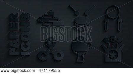 Set Racket And Ball, Jump Rope, Fidget Spinner, Jack The Box Toy, Drum With Drum Sticks And Toy Buil
