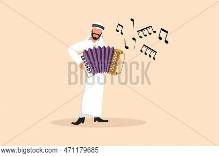 Business Flat Drawing Arab Man Musician Character Playing Accordion. Male Performer Plays Acoustic M